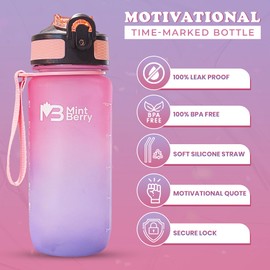 Mint Berry 2 Pack 20 Oz/Kid Water Bottle with Motivational Time Marker Straw Leakproof BPA Free Reusable Easy Carry Handle Strap For School All Day Drink & Sports Activities (Pink Blue & Purple Pink)