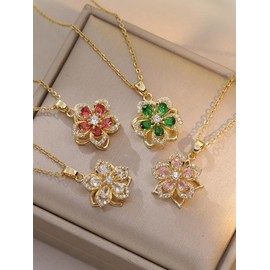 Spinning Necklace for Women Gold Flower Fidget Necklace Rotatable Crystal Blossom Pendant Necklace Adjustable Spinning Fidget Necklace Redbud Flower Necklace Funny Valentine's Day Jewelry - Colour: Pink