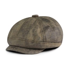 YAMEE Vintage Newsboy Hat Leather Flat Cap Octagonal Hat Distressed Painter's hat (UK, Alpha, One Size, Black Coffee)