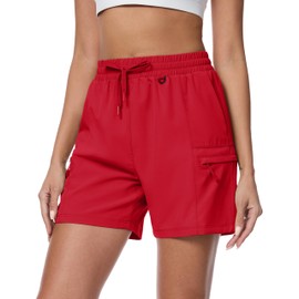 MAGCOMSEN Womens Cargo Shorts Quick Dry Lightweight Red Hiking Golf Shorts with Zipper Pockets for Athletic Runningg XL