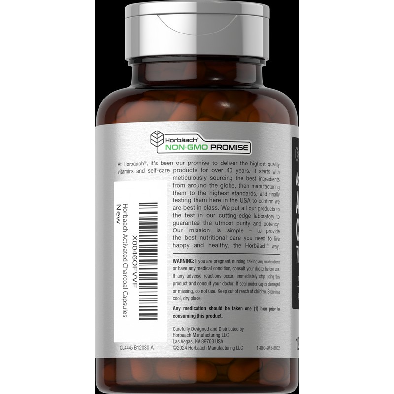 Horbäach Activated Charcoal Capsules 780mg | 120 Count from Coconut