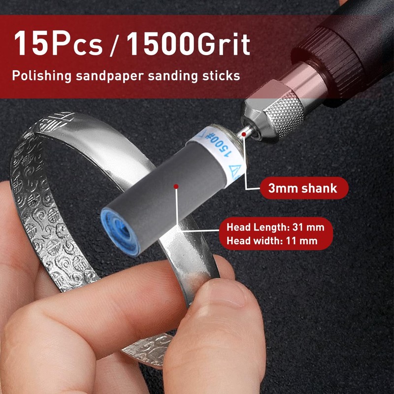 15Pcs 1500 Grit Sanding Drums Sandpaper Sticks Set with 1/8"(3mm)