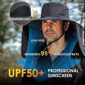 Fishing Hat for Men&Women,Outdoor UV Waterproof Wide Brim Bucket Hat,UPF50+ Sun Hat with Neck Flap - Color: Dark Grey
