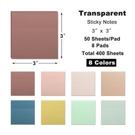 8 Pads Transparent Sticky Notes, 3x3 inch Pastel Clear Sticky Notes, 400 Sheets Self-Adhesive Waterproof Translucent See Through Sticky Notes for Annotation College School and Office Supplies