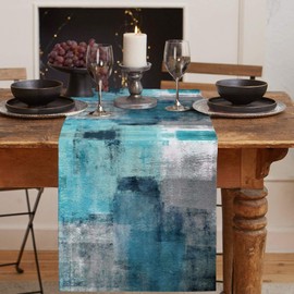 Turquoise and Grey Dining Table Runners 108 inches Long,Abstract Art Teal Coffee Table Runner Dresser Scarves, Washable Non-Slip Rectangle Table Setting Decor for Farmhouse Party Holiday Dinner