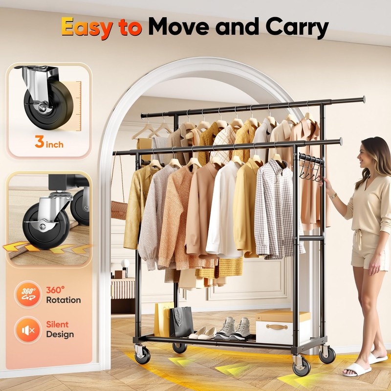 HOKEEPER Clothes Rack Heavy Duty Clothing Rack with Wheels Double