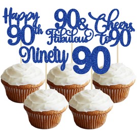 Paquete de 30 adornos para magdalenas de 90 cumpleaños, color azul oscuro con purpurina de 90 años de edad, para decoración de pasteles de cumpleaños de 90 años