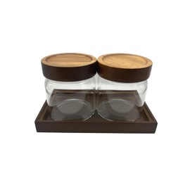 BEECO GIF2U Clear Glass Storage Canister with Airtight Wooden Screw Lid 25oz/750g 2 PACK with Tray,Decorative Container Jar for Coffee,Spice,Candy,Salt,Cookie,Condiment,Pepper,Sugar,Overnight Oatmeal