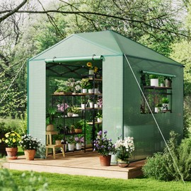 6x8 FT PopUp Walk-in Greenhouse for Outdoors, Portable Green Houses Kit for Gardening Plants, Zipper Roll Up Door Grow Tent for Winter, PE Cover, Durable Frame, Mesh Window, Easy Set-Up, Green