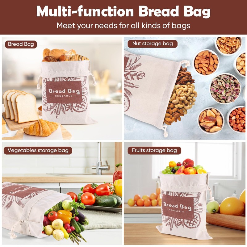 Bread Bags, 2 Pack Bread Bags Reusable Linen with Plastic