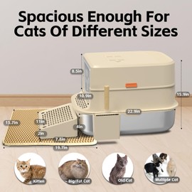 Stainless Steel Cat Litter Box with Lid, 3 in 1 Full/Semi-Enclosed Removable Litter Box for Big Cats, High Sides Kitty Litter Pan, Leak-Proof XL Extra Large Enclosed Metal Litter Box with Scoop & Mat