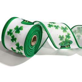 HIENAJ St Patrick's Day Ribbons 2.5" 10 Yards, Green White Wired Edge Burlap Ribbon Green Shamrock Hat Wrapping Ribbon for St Patrick's Day Birthday Party Wrapping DIY Craft Decoration Wreaths Bow