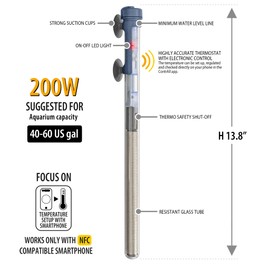 Sicce Scuba 200 Watt Aquarium Fish Tank Heater Smartphone Controlled via NFC Contactless App Adjustable | 200W Submersible for Marine Saltwater and Freshwater | Run Dry Protection
