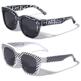 V.W.E. 2 Pairs Women Round Polarized Fit over Sunglasses - Wear Over Prescription Eyeglasses 100% UV Protection (1 Grey 1 Checker)