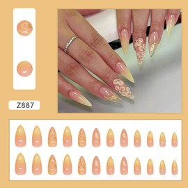 24Pcs Yellow Smudge Press on Nails Medium Almond Shape Fake Nails with Cute Flowers Designs Acrylic Nails Glitters Glue on Nails False Nails Summer Press on False Nails for Women Manicure Supplies