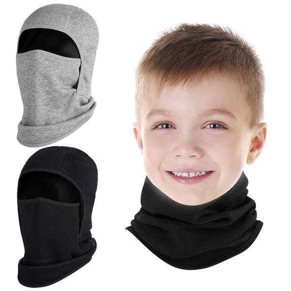 2 Pack Kids Balaclava Face Mask for Boys Girls, Windproof Winter Hat Ski Mask for Cold Weather, Breathable Face Warmer for Sports Skiing Cycling-1 Black Gray