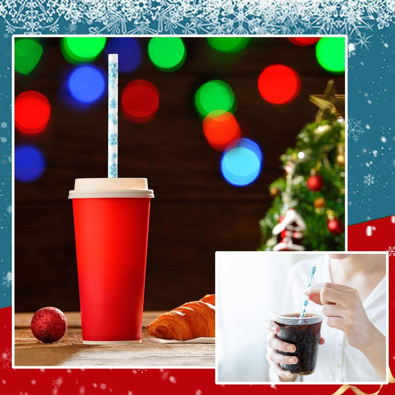 50 Pcs Christmas Plastic Drinking Straws Winter Snowflake Hard Disposable