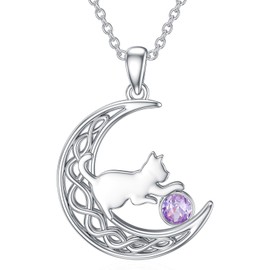 LONAGO Cat Necklace 925 Sterling Silver Birthstone with Cat in Moon Pendant Necklace Jewellery for Women, Sterling Silver, Cubic Zirconia