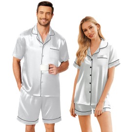 Ekouaer Couple Matching Pajamas Set Silk Satin Pjs Short Sleeve Sleepwear 2 Piece Button Down Lounge Set Light Grey,XXL