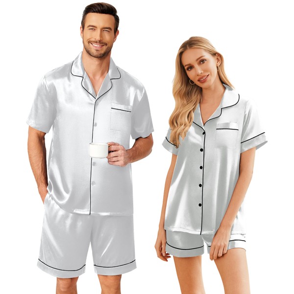 Ekouaer Couple Matching Pajamas Set Silk Satin Pjs Short Sleeve