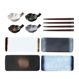 FYUEROPA 12 Pcs Sushi Plates with Sauce dish and Chopsticks, Ceramic Rectangular Platters Serving Trays Set, Sushi Dishes, Japanese Dinnerware Set