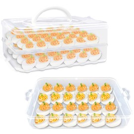 2-Layer Deviled Egg Carrier with Lid,Deviled Egg Trays with Handle,Stack Portable Stackable Trays,Clear Devil Egg Cotainer 48 eggs Holders, for Thanksgiving Day, Easter, Holiday,Parties and Kitchen