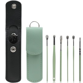 12PCS Black&Green Ear Cleaning Set, Ear Pick Earwax Removal Kit, Carbon Steel Ear Cleaning Tools with Leather Storage Case