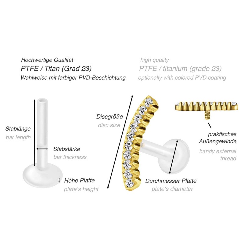 PIERCINGLINE PTFE Labret with Internal Thread + Titanium Attachment Crystal