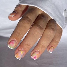 Press on Nails Short Square SWEKKE White French Tip Fake Nails False Nails with Designs Colorful Stars Glossy Glue on Nails Full Cover French Manicure Acrylic Nails for Women Girls 24 Pcs