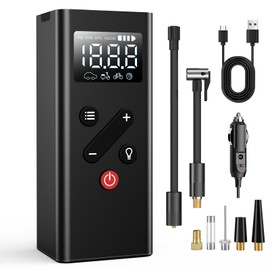 TlinTic Tire Inflator Portable Air Compressor - Mini Electric Cordless Air Pump with Smart Digital Pressure Gauge & LED Light for Car, Bike, Motorcycle, Balls, Pool Floats, 150 PSI (Black)
