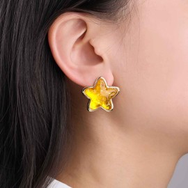 Cybche Boho Acrylic Starfish Earrings Yellow Star Stud Earrings Amber Star Earrings Large Starfish Stud Earrings Star Lucky Earrings Jewellery for Women, Zinc, No Gemstone
