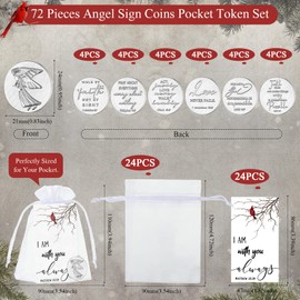 72 Pieces Memorial Angel Sign Coins Set Pocket Token Guardian Pocket Angel Coins Red Cardinal Poem Cards Prayer Cards White Organza Bags Gift Bag Angel Charms Presents for Family