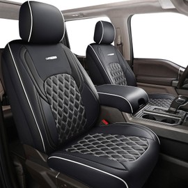Huidasource F150 Front & Back Leather Seat Covers Accessories Fit for 2015-2026 F150 SuperCrew & 2017-2026 F250 F350 F450 Super Duty Crew Cab XL XLT Lariat King Ranch Platinum(Full Set/Black&White)