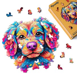 Figured'Art Wooden Puzzle for Adults and Children, 200 Pieces, Animals, Colourful Dog Portrait, Original Design, 29 x 27.5 cm, Unique Shape with Premium Wooden Box