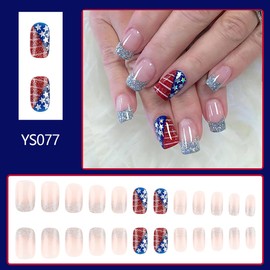 4th of July Press on Nails French Tip Fake Nails Silver Tips American Flag Stars Design Independence Day False Nails Full Cover Nude Stick on Nails Cute Glue on Nails for Women 4th of July Nails