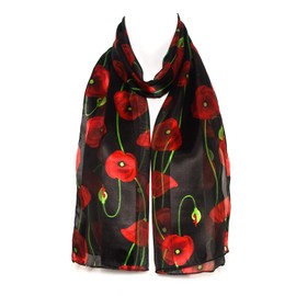 Hat To Socks Poppy Print Floral Chiffon Satin Scarf Ideal for Remembrance Day (Black)