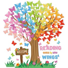 Justforjoyful 148Pcs Tree Classroom Bulletin Board Decor Reading Gives You Wings Bulletin Board Set Summer Butterfly Classroom Cutouts for Elementary School Classroom Office Chalkboard Decor