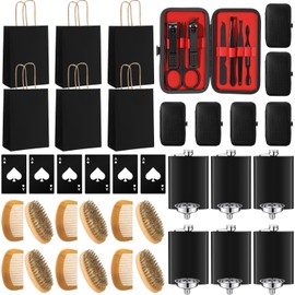 Leriton 6 Sets Baby Shower Game Prizes for Men, Include 8 oz Stainless Steel Hip Flask with Flask Funnels, Manicure Kit, Bottle Opener, Paper Gift Bags, Beard Comb, Beard Brush for Baby Shower Favors