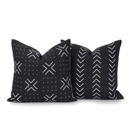 Hofdeco Decorative Throw Pillow Cover ONLY Heavy Weight Pure Cotton Mud Cloth Inspired Black Case White Dots and Lines 18"x18" Set of 2