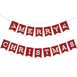 Neyeidru 2Pcs Pre-Strung Merry Christmas Banner Red Christmas Party Sign Indoor Xmas Bunting Hanging Decoration for Fireplace Mantle wall Home Office Classroom