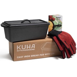 KUHA Cast Iron Bread Loaf Pan with Lid + Heat Resistant Gloves - Pre-Seasoned Cast Iron Bread Pan with Handles - Oven-safe bread pans for homemade bread - Ideal Loaf Pans for Campfire or Home Kitchen