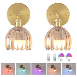 Shenmoyl Vintage Battery Operated Wall Sconce with Amber Tulip Glass Lampshade Rechargeable Battery Powered Wall Light with Remote Control for Bedside Bedroom Doorway, Set of 2