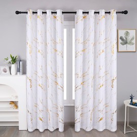 Taisier Home Gold Foil Print Linen Textured Curtains Geometric Marble Pattern Design Curtains for Living Room Thermal Insulated Window Treatment 2 Panels 63" L,White and Gold Curtains Print