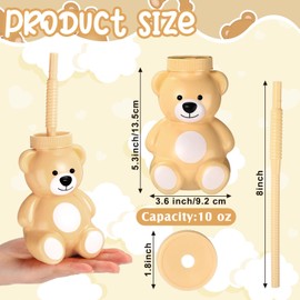 Maxdot 12 Pieces Bear Cups with Straws and Lids, 10 oz Plastic Bear Shape Cup Reusable Creative Cups Bulk for Baby Shower Kids Birthday Wedding Party Favors (Light Brown)