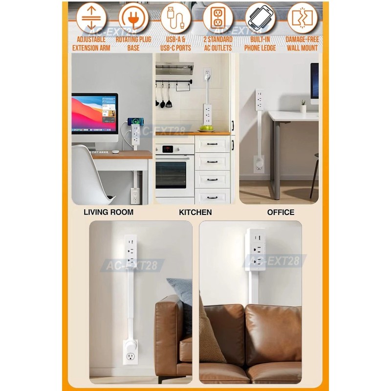 AC Wall Outlet Extender Rotational Stick With 2 AC Outlets