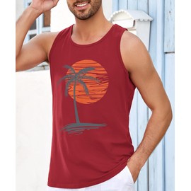Runcati Mens Workout Tank Tops Gym Sleeveless Shirts Palm Tree Vintage Style T-Shirt Red