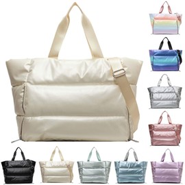 YouNuo Tote Bag for Women, Lightweight Large Quilted Puffer Tote Bag with Zipper, Gym Bag Laptop Shoulder Handbag with Adjustable Crossbody Strap for Work/Beach/Travel/Gym/Yoga Mat, White