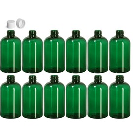 Premium Essential Oil 4 Ounce Boston Round Bottles, PET Plastic Empty Refillable BPA-Free, with White Ribbed Lined Non-Dispensing Caps (Pack of 12) (Green)