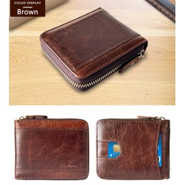 Wallet for Men Bifold Genuine Leather Zipper Wallet RFID Blocking Card Holder Purse Brown159