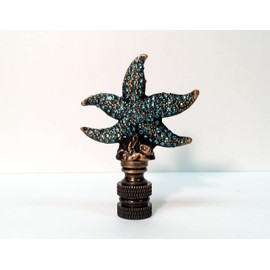 Lamp Finial-Rhinestone Starfish-Aged Brass Finish, Highly Detailed Metal Casting, Aqua Rhinestones